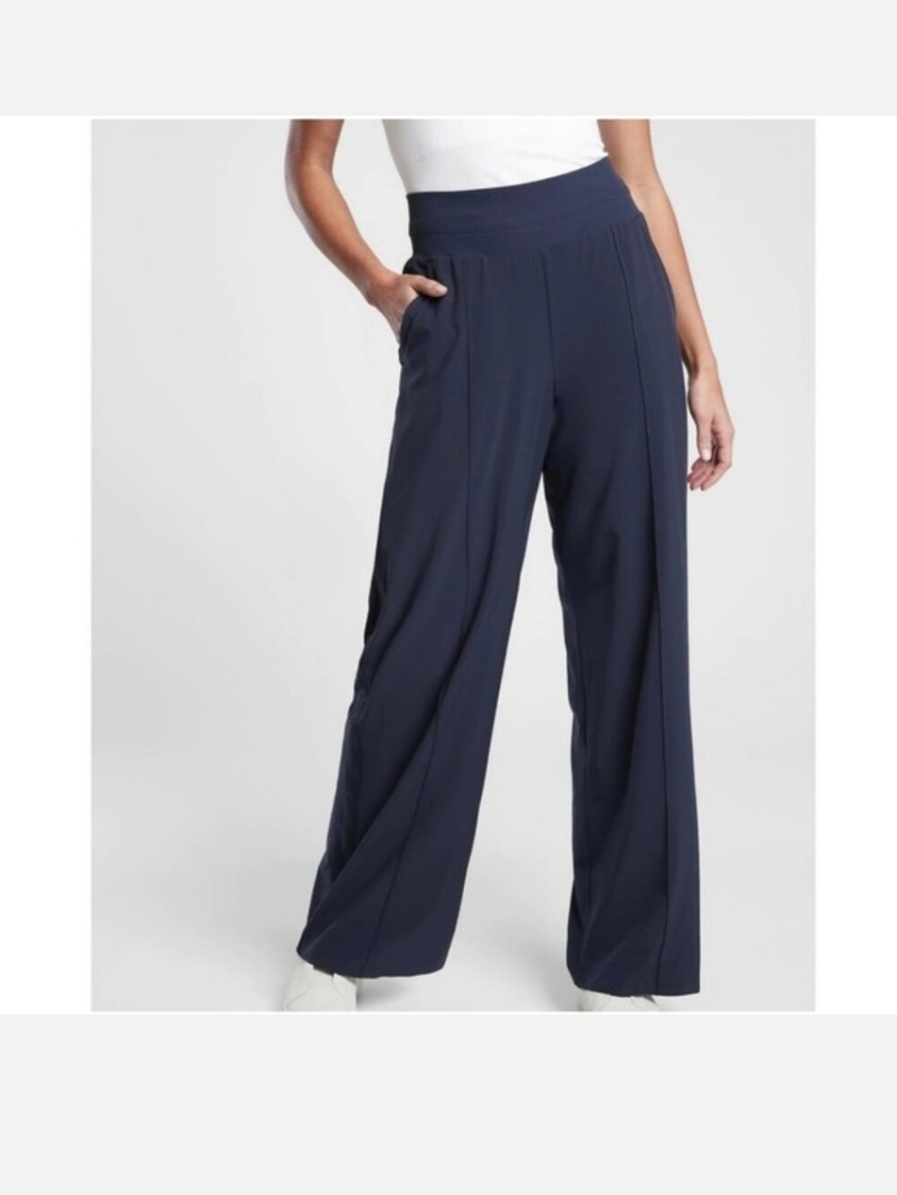 Athleta Nolita Wide Leg Pull On Pants Blue Pockets Side Stripe Stretch Sz 12